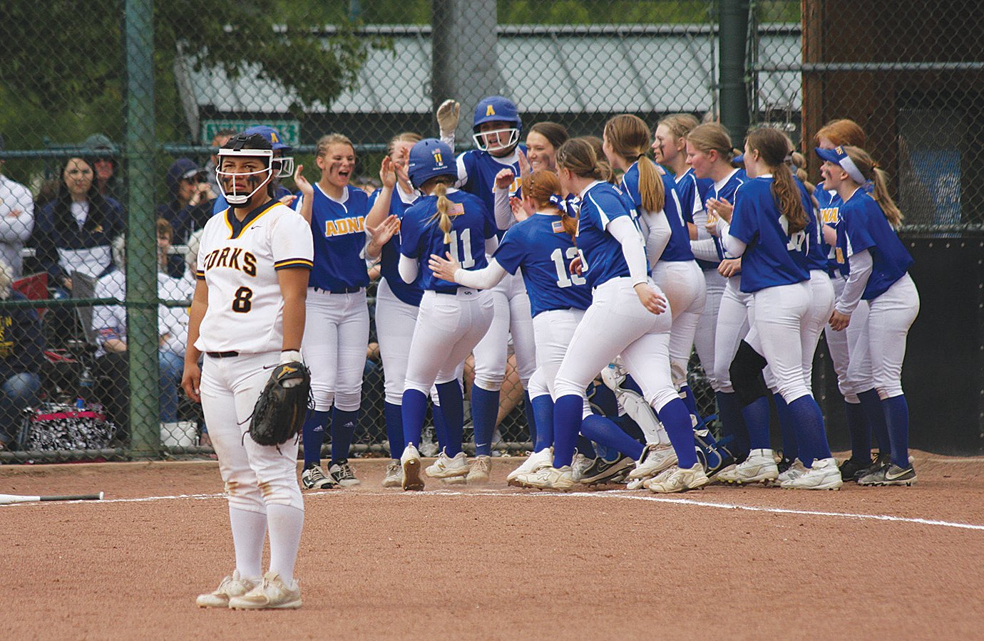 Adna players celebrate a home run from Danika Hallom (11) during a win over Forks on Friday during the 2B state softball tournament in Yakima.